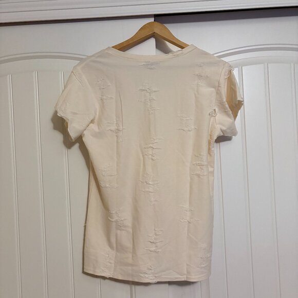 OnTwelfth Distressed Tee Small Short Sleeve Cream Off White Cotton Blend V Neck - Picture 3 of 3